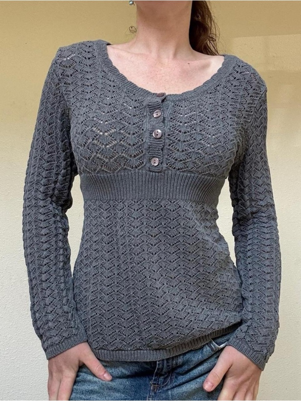 Loft y2k grey knit babydoll sweater with buttons - Picture 2 of 8